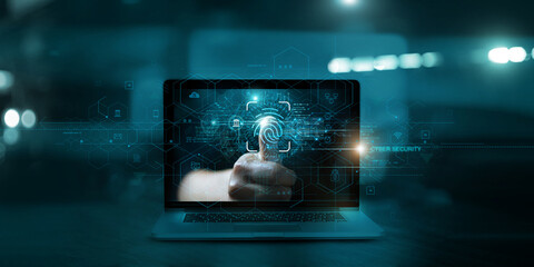 Poster - Cyber security, Technology safety of future and Biometric identification on internet, Fingerprint scan provides access of security and identification of business, Banking and finance, Cloud computing.