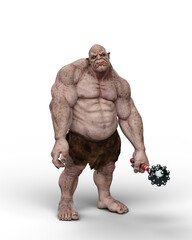 Poster - 3D rendering of a giant ogre fantasy creature holding a morningstar weapon isolated on a transparent background.
