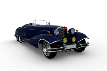 Wall Mural - 3D illustration of a large dark blue vintage open top car isolated on a transparent background.