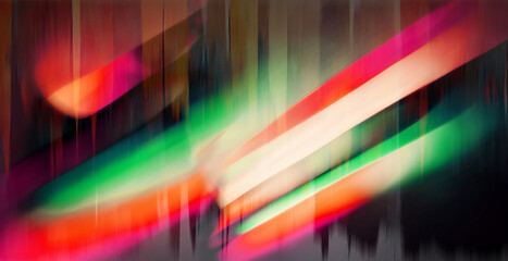 Wall Mural - Light flare. Blur glow. Rays motion. Defocused neon pink green orange color beam trail on dark black collage abstract background.