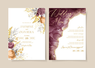 Wall Mural - Watercolor and Floral wedding invitation and menu card template