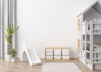 Wall Mural - Empty white wall in modern child room. Mock up interior in scandinavian style. Copy space for your artwork, picture or poster. Bed, slide. Cozy room for kids. 3D rendering.