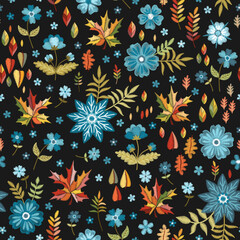 Wall Mural - Colorful seamless pattern with embroidered flowers and leaves on black background