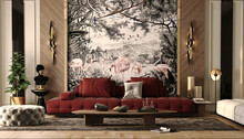 Living Room, Background,Scandinavian Luxury Sitting With Forest, Flower Birds Wallpaper Vintage Painting,dark Red Classical Style, Wall Lamps, Table, Sofa -3d Max