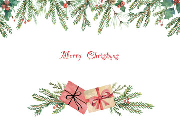 Wall Mural - watercolor vector christmas card with fir branches, gifts and place .for text.