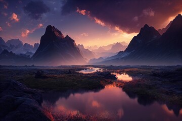 Wall Mural - Breathtaking nature mountain landscape, 3d illustration