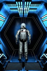 Wall Mural - astronaut cosmonaut goes into outer space along the corridor. space exploration, flights to distant 