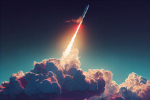 Space Rocket Launch, Ship. Spaceship Takes Off In The Starry Sky. Rocket Space Ship. 3D Rendering
