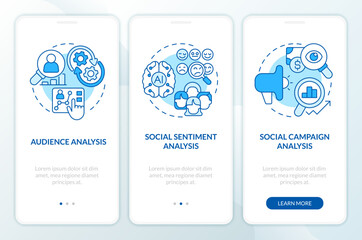 Social media research layers blue onboarding mobile app screen. Walkthrough 3 steps editable graphic instructions with linear concepts. UI, UX, GUI template. Myriad Pro-Bold, Regular fonts used