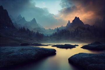 Wall Mural - Breathtaking nature mountain landscape, 3d illustration