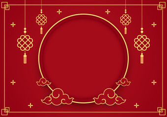 Happy Chinese new year 2023. Chinese new year banner with circle for show product. Greeting card. China frame with lantern on red background.