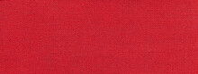Texture Of Bright Red Color Background From Textile Material With Wicker Pattern. Vintage Ruby Fabric