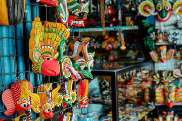 Sri Lankan traditional handcrafted goods for sale in a shop at Kandy market. Sri  Lanka. 