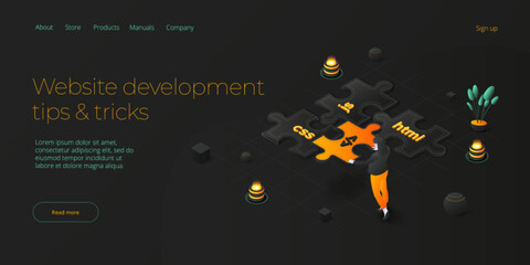 Wall Mural - web development concept in isometric vector design. developers or designers working at internet app 