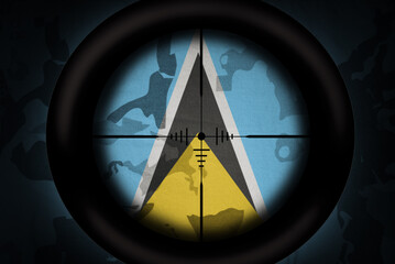 Wall Mural - sniper scope aimed at flag of saint lucia on the khaki texture background. military concept. 3d illustration