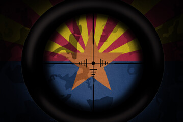 Wall Mural - sniper scope aimed at flag of arizona state on the khaki texture background. military concept. 3d illustration