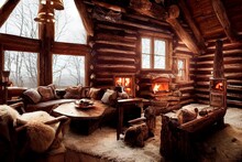 Wooden Cabin Hotel Resort In Mountain House Interior Design Illustration