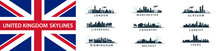 UK Cities Collection, Skylines Set In Vector Sihouettes, English Destinations Like London, Leeds, Coventry, Birmingham, Liverpool, , Belfast, Cardiff, Glasgow	