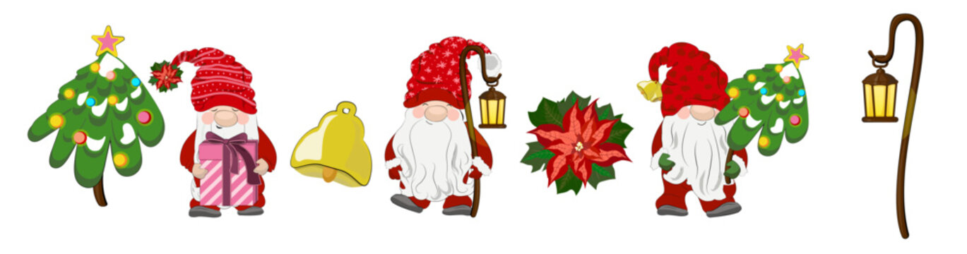 Collection of Christmas gnomes with festive decor elements.