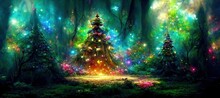 Abstract Fantasy Christmas Tree In The Forest. Fantasy Scenery