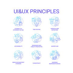 Sticker - UI UX rules blue gradient concept icons set. App usability. Human computer interaction. User experience idea thin line color illustrations. Isolated symbols. Roboto-Medium, Myriad Pro-Bold fonts used