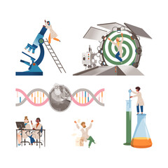 Wall Mural - Scientists characters doing experiments in laboratory set. Chemical, pharmaceutical and medical researches cartoon vector illustration