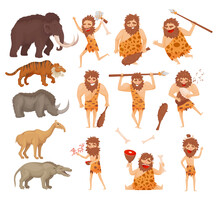 Primitive Caveman Characters With Weapon And Prehistoric Animals Set. Stone Age Warriors Dressed Animal Skin And Extinct Animals Cartoon Vector Illustration