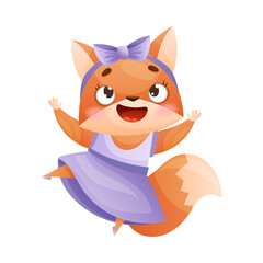 Wall Mural - Cute kitty squirrel in purple tutu dress. Funny baby animal dancing cartoon vector illustration