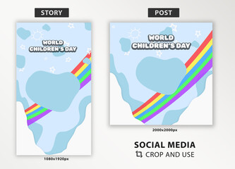 Wall Mural - World Children's Day social media post and story template, crop and use, social media content and feed, 20 November Children Day, easy use template, content design with clouds and rainbow