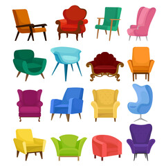 Canvas Print - Set of modern and classic colorful armchairs, comfortable furniture flat vector illustration