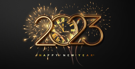 Wall Mural - 2023 clock and fireworks. Happy new year dark luxury background. Beautiful holiday Web banner.