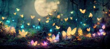 Wide Panoramic Of  Fantasy Forest With Glowing Butterflies. Fantasy Scenery.