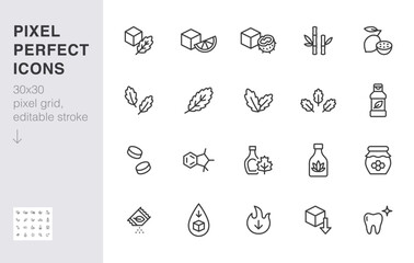sweeteners line icon set. xylitol, cane sugar, fructose, maple syrup, stevia, agave, honey minimal v