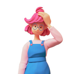 Portrait of pensive cute casual kawaii pink haired girl in glasses wears blue overalls touches her head with hand, confused face expression, thinks over decision. 3d render isolated on white backdrop.