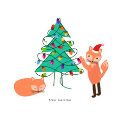 Wall Mural - Cute sleeping fox with Christmas light bulbs. Happy new year and merry Christmas greeting card