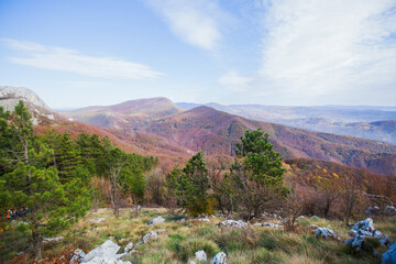 Wall Mural - Beautiful view of mountain landscape on sunny autumn day. Cloudy sky. Picturesque scenery. Serbia, Europe.