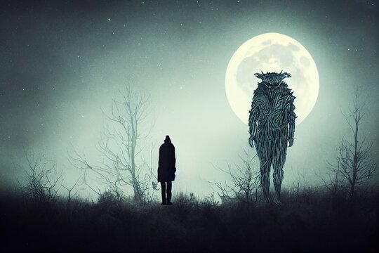A horror concept. Of a mysterious monster skinwalker figure, standing outside. Silhouetted against the moon at night. With a grunge, textured edit.