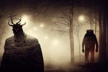 A horror concept. Of a man next to a car looking at a monster with glowing eyes. In a spooky, winter forest at night With a grunge, textured edit