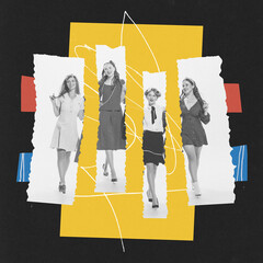 Wall Mural - Contemporary art collage. Group of young women, friends walking together. Single women spending time together