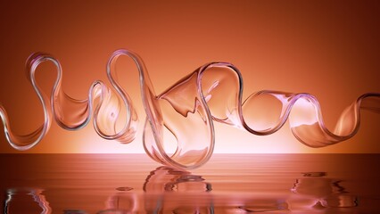Wall Mural - 3d render, colorful clear glass wavy ribbon isolated on red background with bright neon light and reflection on the wet floor. Modern minimal wallpaper