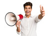 © Asier - Young caucasian man holding megaphone isolated receiving a pleasant surprise, excited and raising hands.