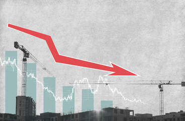 modern art collage. construction cranes on the background of the loss graph. the concept of a crisis