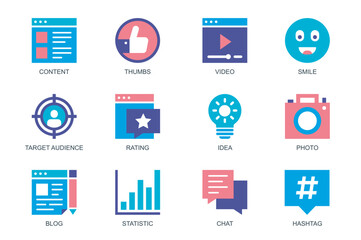 Leinwandbilder - Blogger concept of web icons set in simple flat design. Pack of content, thumbs up, video player, smile, target audience, rating, idea, photo, blog, statistic, chat. Vector pictograms for mobile app