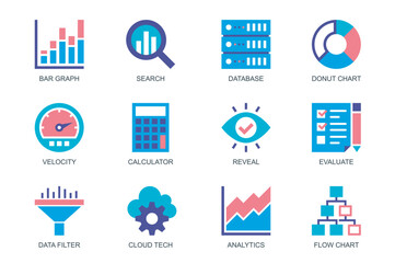 Poster - Data Analytics concept of web icons set in simple flat design. Pack of bar graph, search, database, donut chart, velocity, calculator, reveal, evaluate, cloud tech. Vector pictograms for mobile app