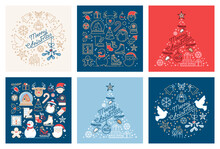 Background About Christmas With Icons.  Blue, Red, And Cinnamon Greeting Cards