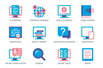 Poster - E-learning concept of web icons set in simple flat design. Pack of distance learning, video tutorials, audio course, certificate, digital library, question and answer. Vector pictograms for mobile app