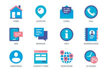 Poster - Contact Us concept of web icons set in simple flat design. Pack of home, location, email, call, sms, message, address book, assistance, worldwide, 24 hours and other. Vector pictograms for mobile app