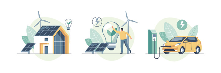 Wall Mural - Environmental care and use clean green energy from renewable sources concept. Modern eco house with windmills and solar energy panels, electric car near charging station. Vector illustration.