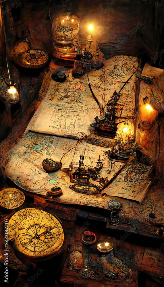 AI generated image of maps with various nautical tools lying on the ...