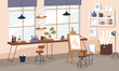 Art class, atelier interior. Empty artist workshop with furniture, equipment, supplies in creative studio, drawing school. Painting classroom with easel, tools, accessories. Flat vector illustration